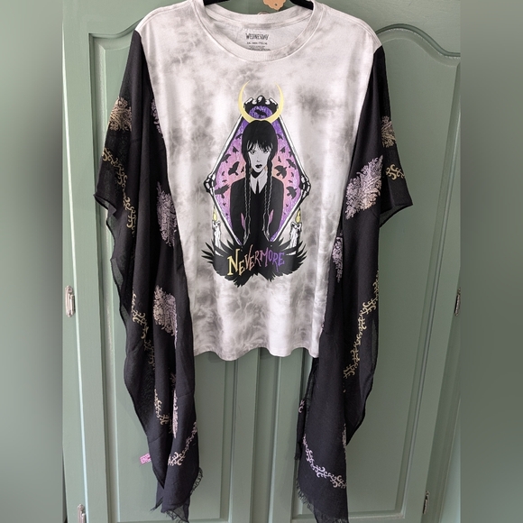 WEDNESDAY ADDAMS Poncho Scarf T-shirt Hand Crafted Upcycled - Picture 1 of 9